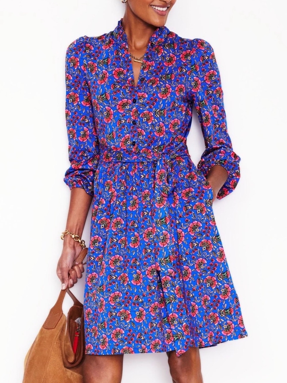 Boden Willow Frill Shirt Dress in a vibrant blue floral pattern. - Picture 1 of 6